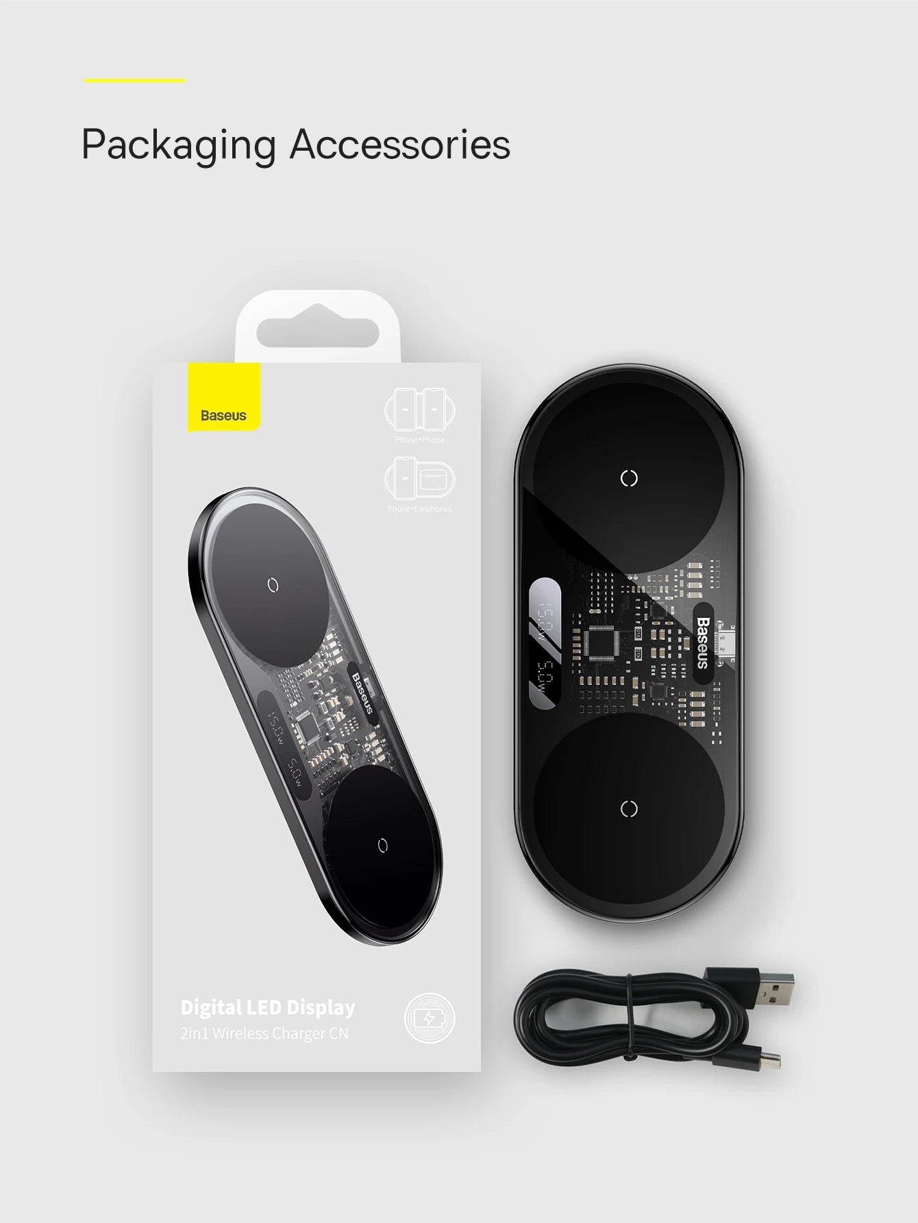 Digital LED display with packaging and USB cable on a white background