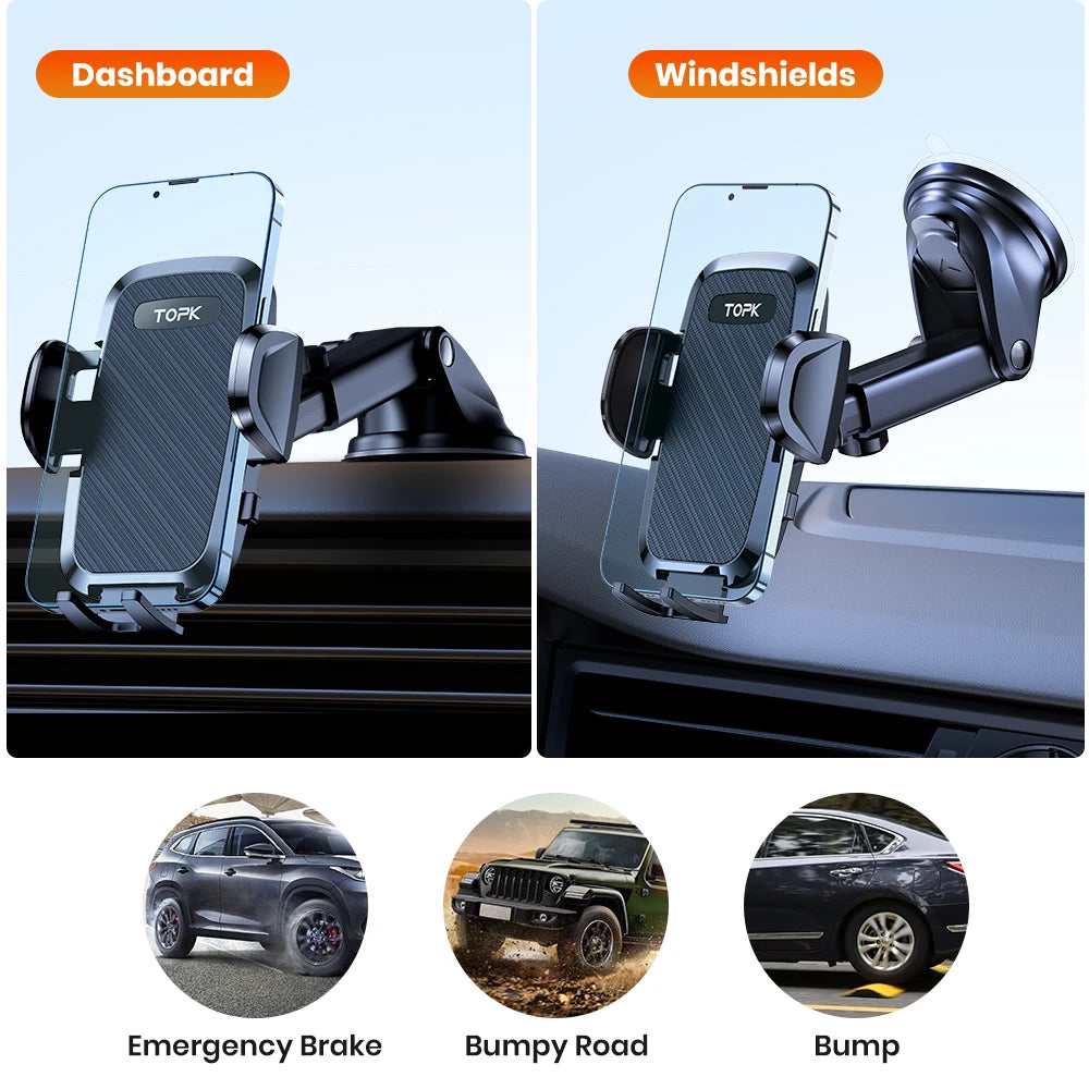 Car phone holder with dashboard and windshields attachments, featuring TOPK branding.