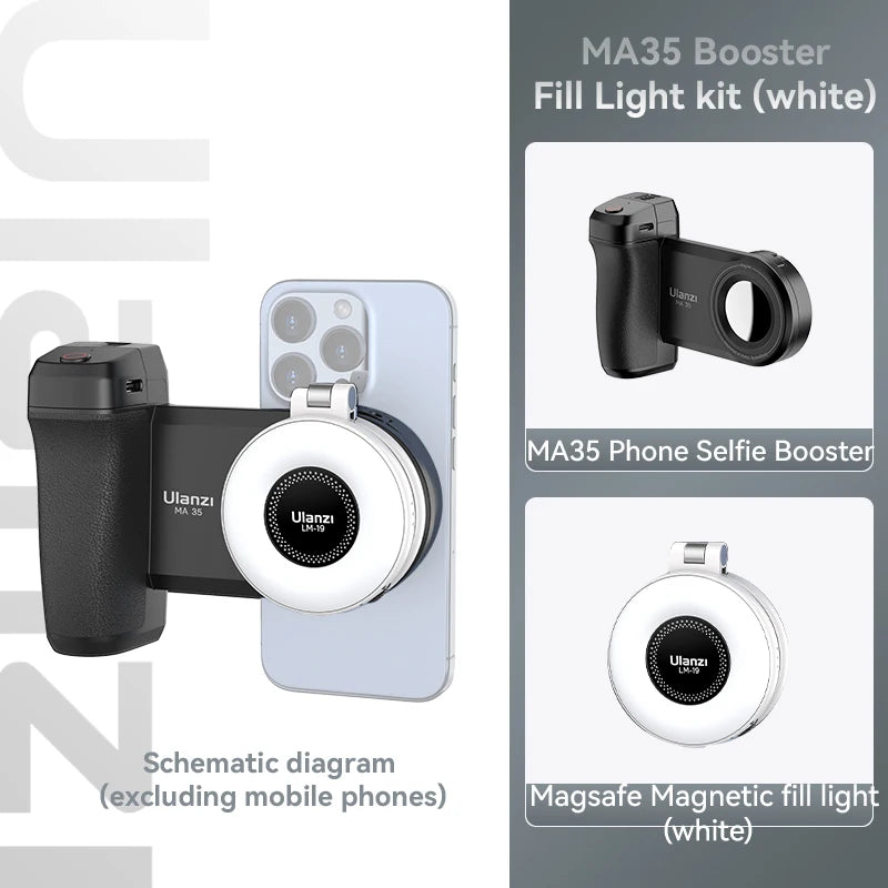 Magnetic phone camera grip MagSafe shooting hand grip on iPhone - product shot
Ergonomic DSLR-style phone grip used for vlogging in portrait mode
Bluetooth remote shutter with magnetic phone hand grip - product accessories
Phone camera grip attached to tripod - mobile photography setup
