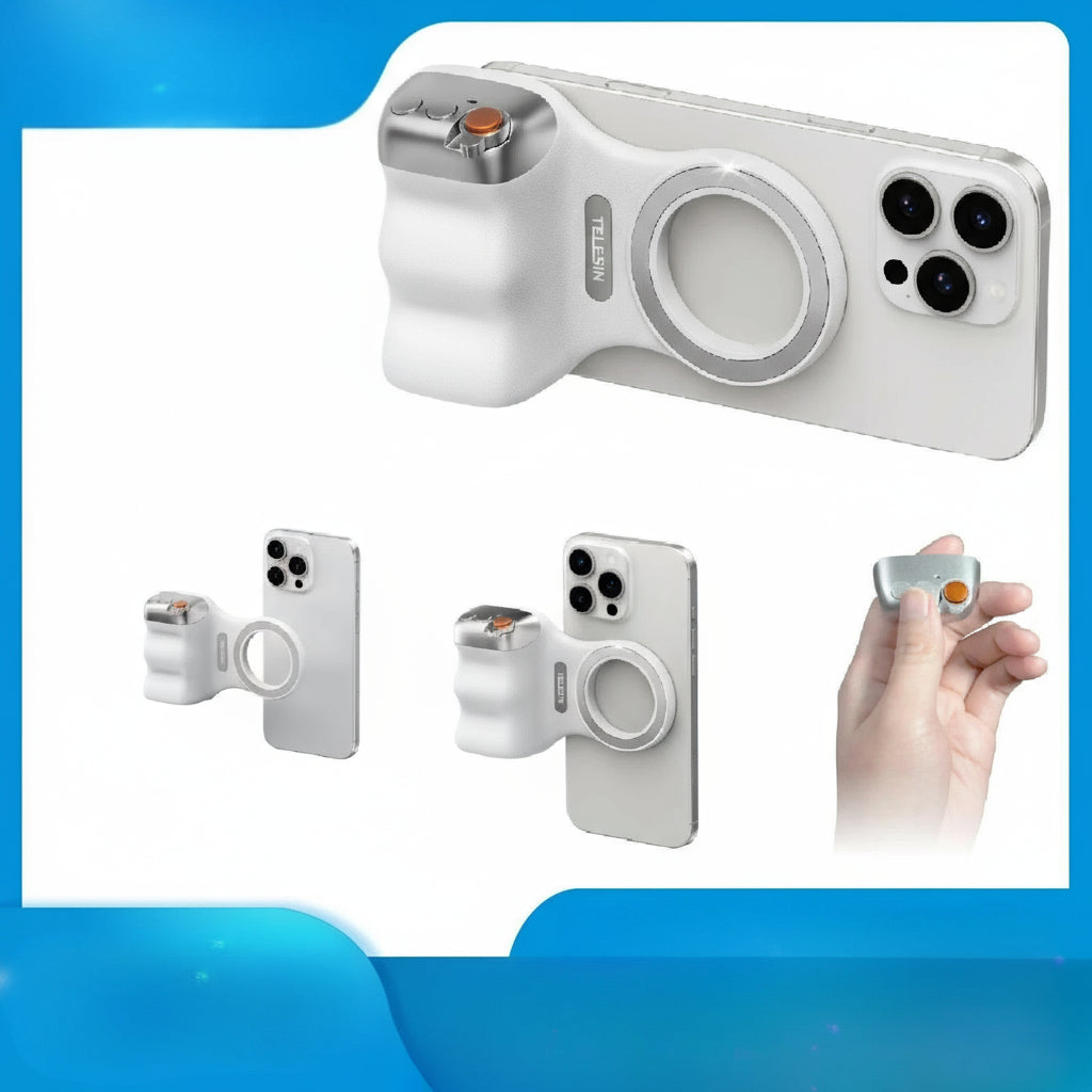Magnetic phone camera grip MagSafe shooting hand grip on iPhone - product shot

Ergonomic DSLR-style phone grip used for vlogging in portrait mode

Bluetooth remote shutter with magnetic phone hand grip - product accessories

Phone camera grip attached to tripod - mobile photography setup