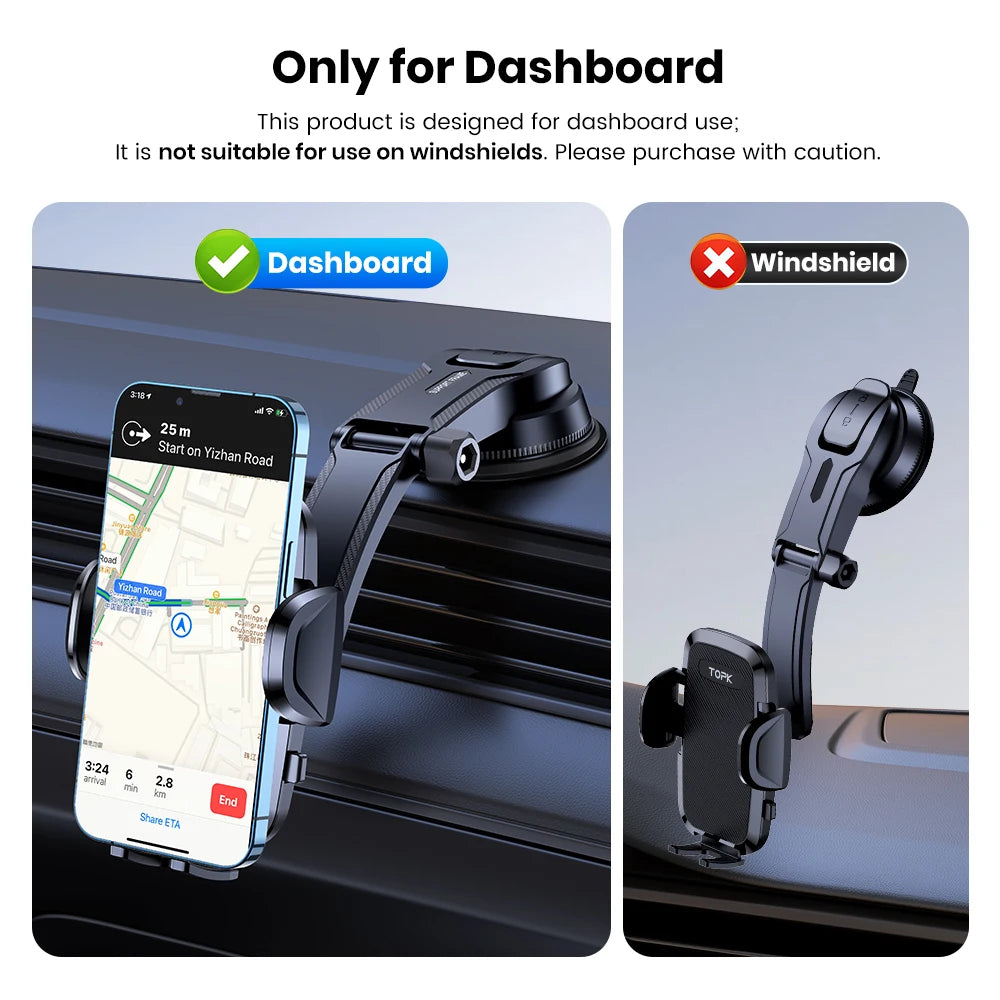 Car phone holder for dashboard with clear indication of use on dashboard and not on windshield.