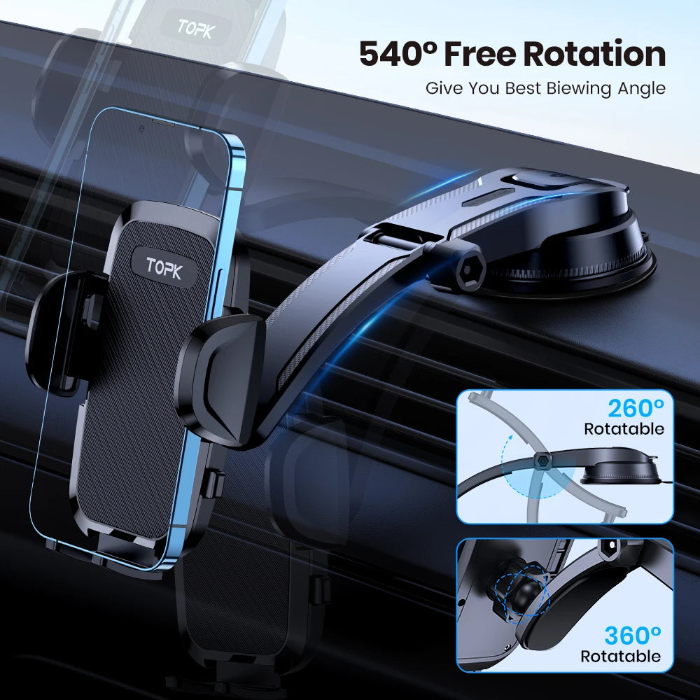 Car phone holder with 540-degree rotation feature on a dark background