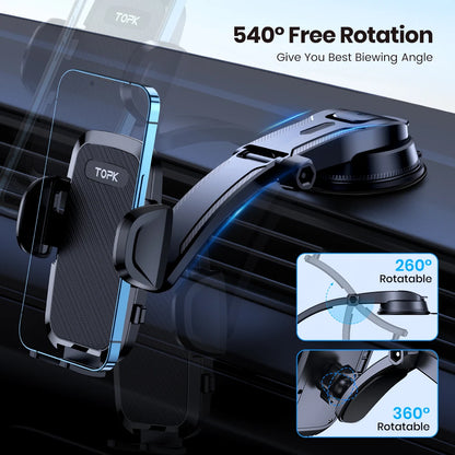 Car phone holder with 540-degree rotation feature on a dark background
