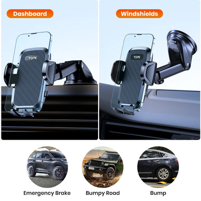 Car phone holder with dashboard and windshields attachments, featuring TOPK branding.