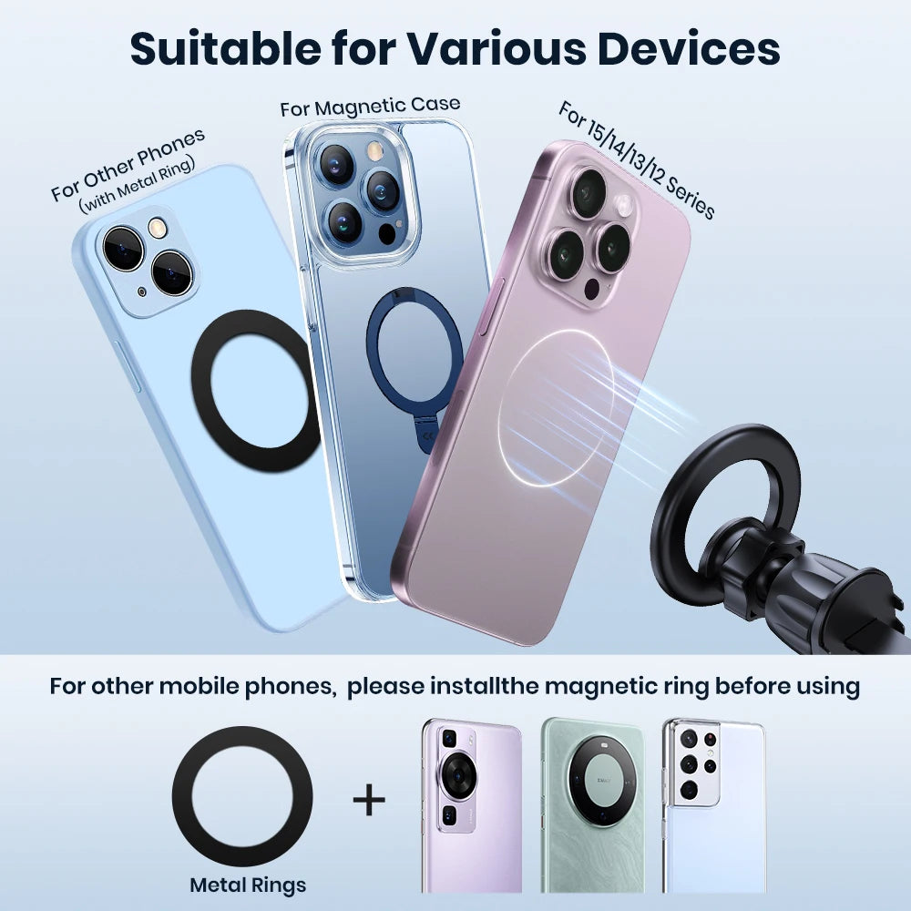 Smartphone cases and magnetic ring compatible with various devices on a light blue background