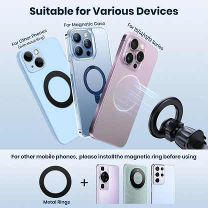 Smartphone cases and magnetic ring compatible with various devices on a light blue background