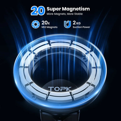 Circular magnetic component with 'TOPK' branding and text highlighting super magnetism on a dark background.