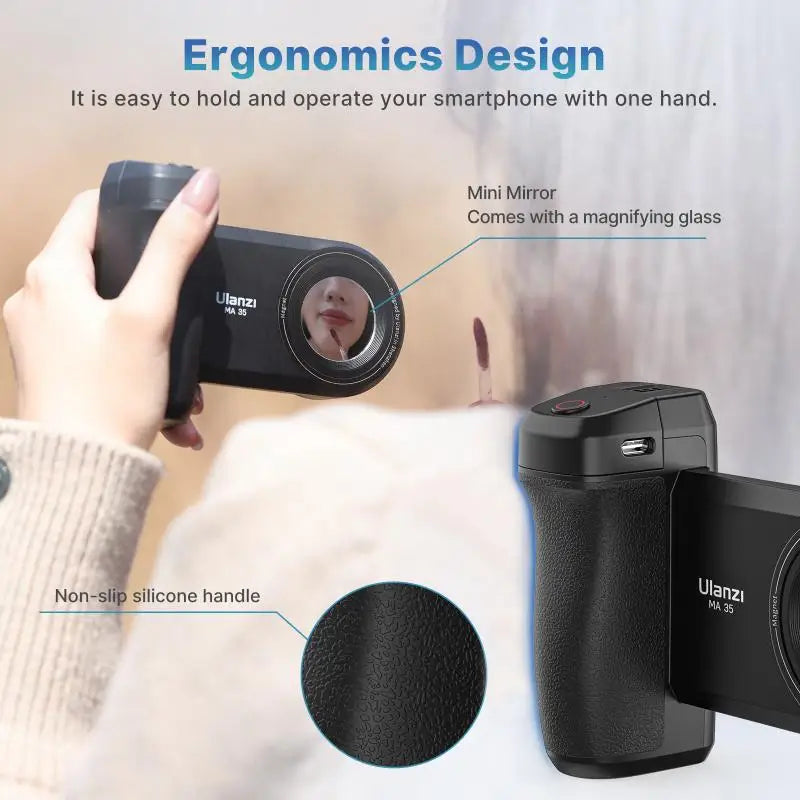 Magnetic phone camera grip MagSafe shooting hand grip on iPhone - product shot

Ergonomic DSLR-style phone grip used for vlogging in portrait mode

Bluetooth remote shutter with magnetic phone hand grip - product accessories

Phone camera grip attached to tripod - mobile photography setup