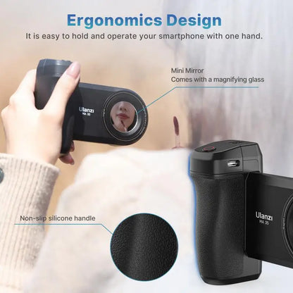 Magnetic phone camera grip MagSafe shooting hand grip on iPhone - product shot

Ergonomic DSLR-style phone grip used for vlogging in portrait mode

Bluetooth remote shutter with magnetic phone hand grip - product accessories

Phone camera grip attached to tripod - mobile photography setup