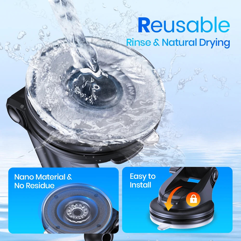 Reusable cleaning tool with water being poured over it, featuring text about its features.
