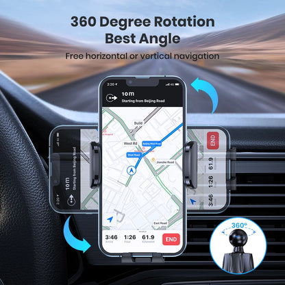 Car phone holder with 360-degree rotation feature displayed on a dashboard.