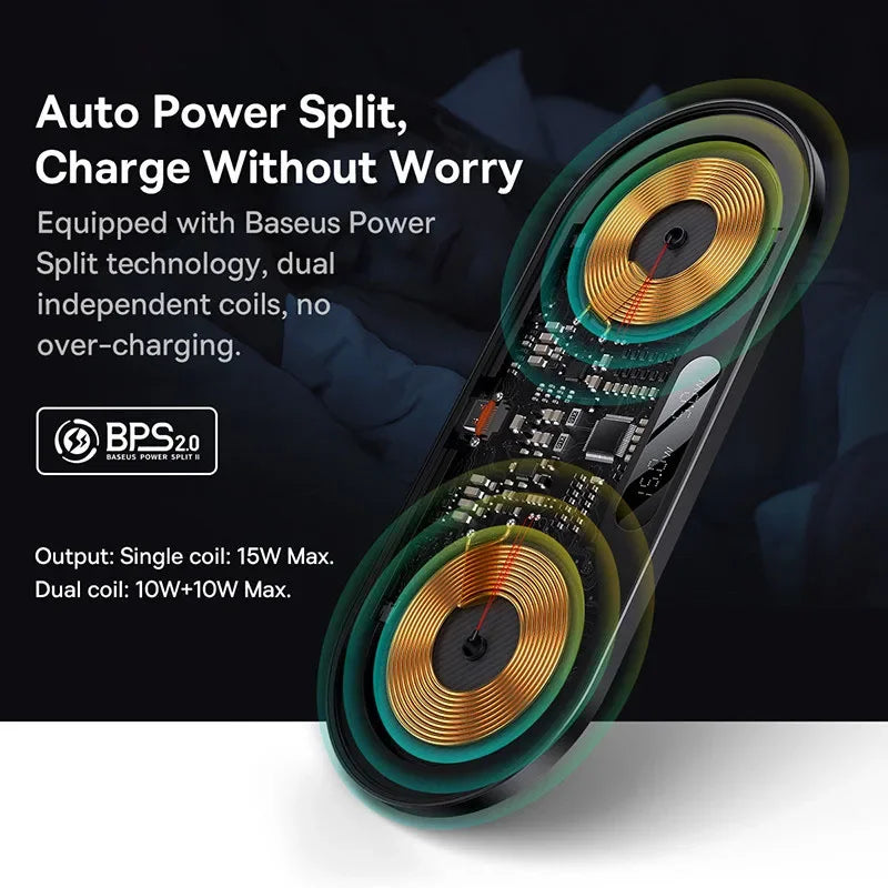 Electrical component with coils and text about Baseus Power Split technology on a dark background