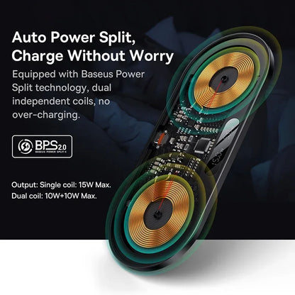 Electrical component with coils and text about Baseus Power Split technology on a dark background