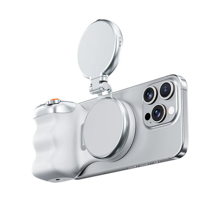 Magnetic phone camera grip MagSafe shooting hand grip on iPhone - product shot

Ergonomic DSLR-style phone grip used for vlogging in portrait mode

Bluetooth remote shutter with magnetic phone hand grip - product accessories

Phone camera grip attached to tripod - mobile photography setup