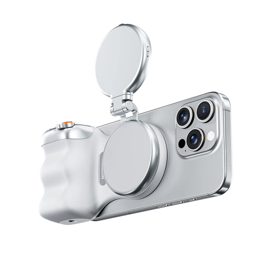 Magnetic phone camera grip MagSafe shooting hand grip on iPhone - product shot

Ergonomic DSLR-style phone grip used for vlogging in portrait mode

Bluetooth remote shutter with magnetic phone hand grip - product accessories

Phone camera grip attached to tripod - mobile photography setup