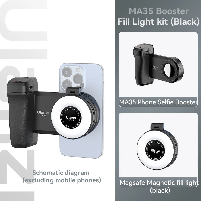 Magnetic phone camera grip MagSafe shooting hand grip on iPhone - product shot

Ergonomic DSLR-style phone grip used for vlogging in portrait mode

Bluetooth remote shutter with magnetic phone hand grip - product accessories

Phone camera grip attached to tripod - mobile photography setup