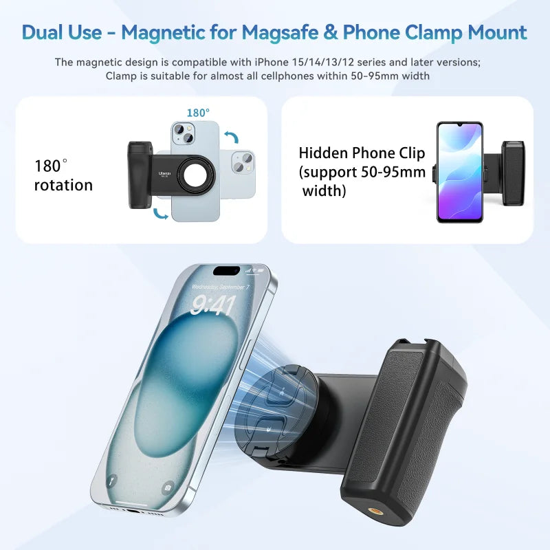 Magnetic phone camera grip MagSafe shooting hand grip on iPhone - product shot

Ergonomic DSLR-style phone grip used for vlogging in portrait mode

Bluetooth remote shutter with magnetic phone hand grip - product accessories

Phone camera grip attached to tripod - mobile photography setup