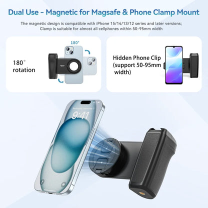 Magnetic phone camera grip MagSafe shooting hand grip on iPhone - product shot

Ergonomic DSLR-style phone grip used for vlogging in portrait mode

Bluetooth remote shutter with magnetic phone hand grip - product accessories

Phone camera grip attached to tripod - mobile photography setup