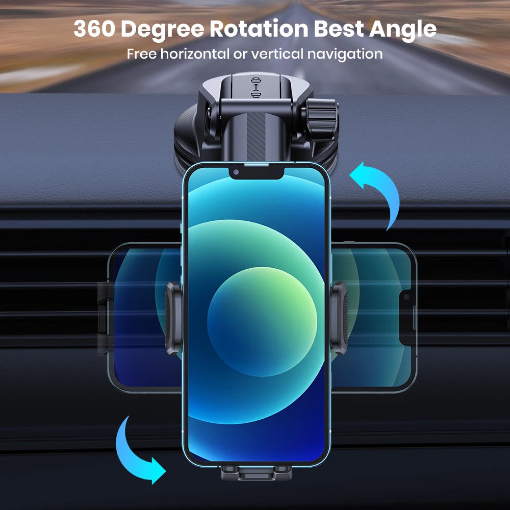Phone holder with 360-degree rotation feature on a blurred road background