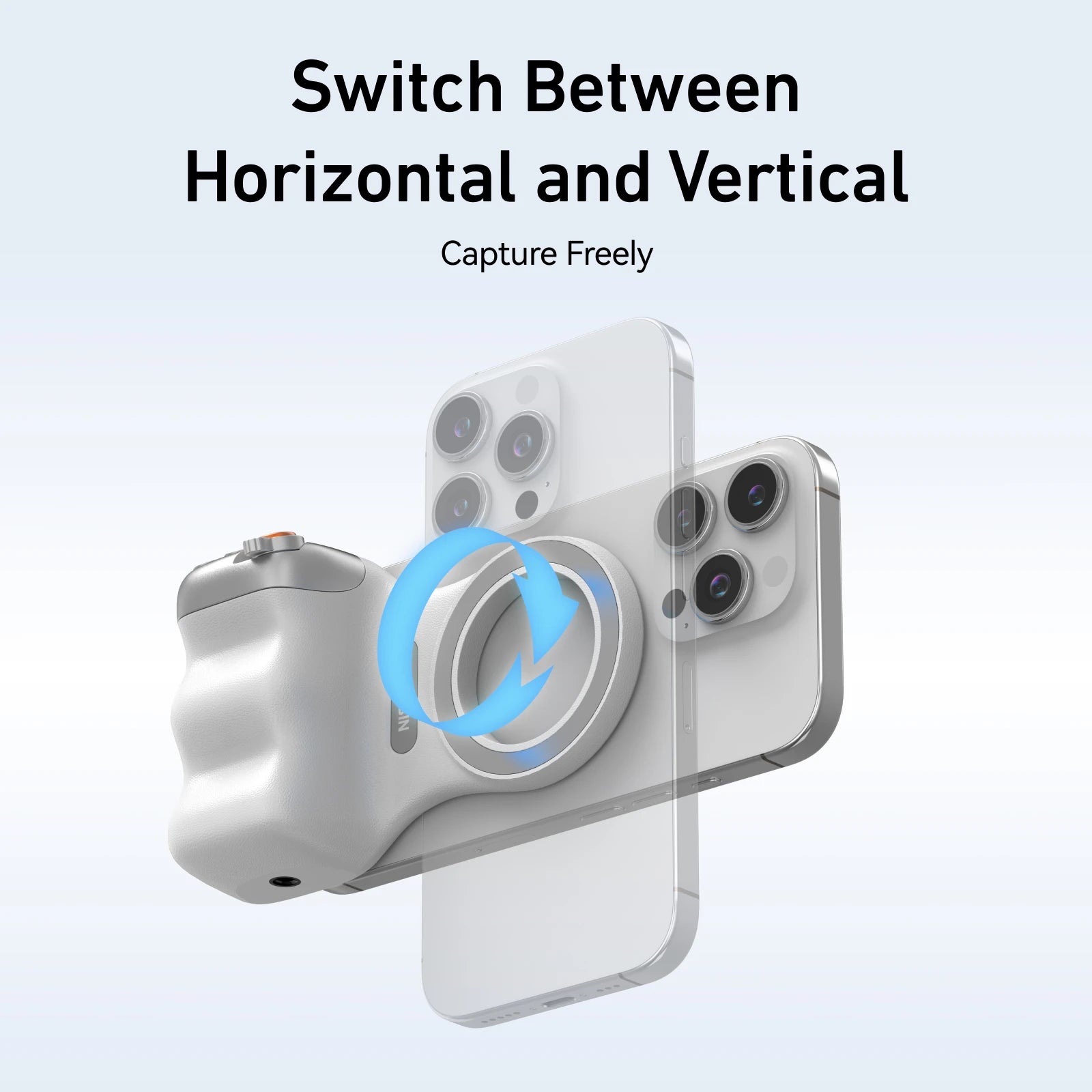 Magnetic phone camera grip MagSafe shooting hand grip on iPhone - product shot

Ergonomic DSLR-style phone grip used for vlogging in portrait mode

Bluetooth remote shutter with magnetic phone hand grip - product accessories

Phone camera grip attached to tripod - mobile photography setup