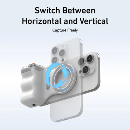 Magnetic phone camera grip MagSafe shooting hand grip on iPhone - product shot

Ergonomic DSLR-style phone grip used for vlogging in portrait mode

Bluetooth remote shutter with magnetic phone hand grip - product accessories

Phone camera grip attached to tripod - mobile photography setup