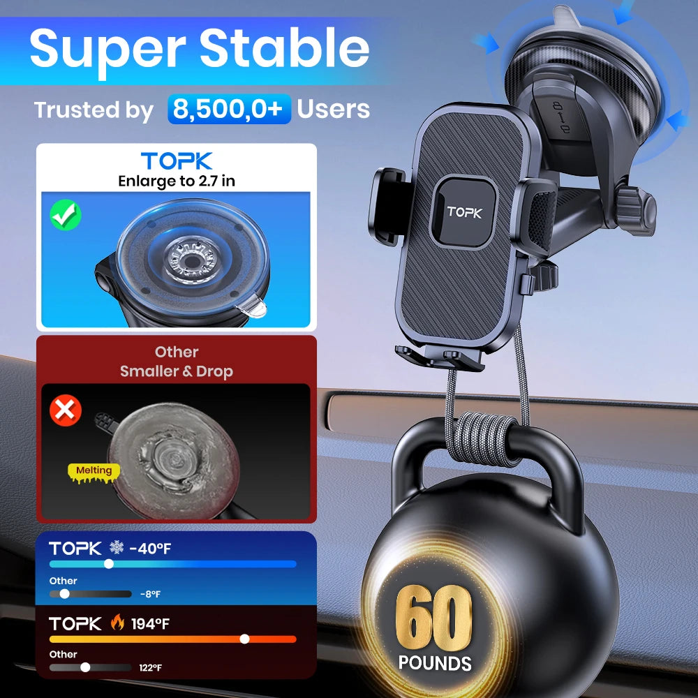 Car phone holder with TOPK branding, showing stability features and weight capacity.