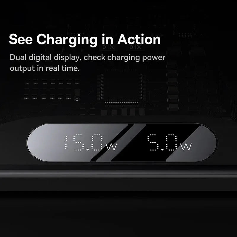 Digital display showing charging power output with text 'See Charging in Action' on a black background.