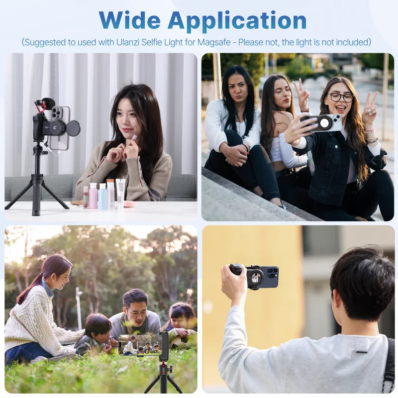 Magnetic phone camera grip MagSafe shooting hand grip on iPhone - product shot

Ergonomic DSLR-style phone grip used for vlogging in portrait mode

Bluetooth remote shutter with magnetic phone hand grip - product accessories

Phone camera grip attached to tripod - mobile photography setup