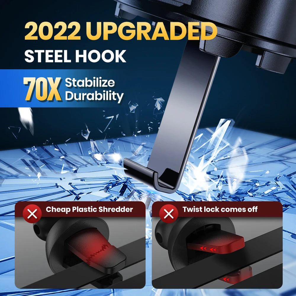 2022 upgraded steel hook with durability claims on a blue background