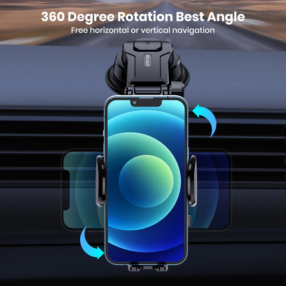 Phone holder with 360-degree rotation feature on a car dashboard.