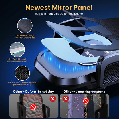 Newest mirror panel for phone with heat dissipation features on a dark background