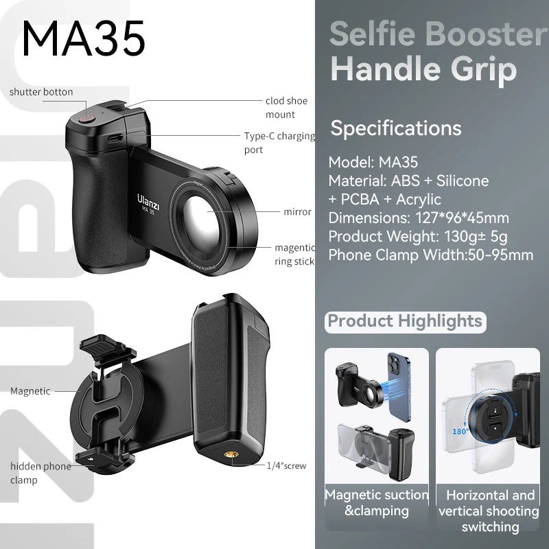 Magnetic phone camera grip MagSafe shooting hand grip on iPhone - product shot

Ergonomic DSLR-style phone grip used for vlogging in portrait mode

Bluetooth remote shutter with magnetic phone hand grip - product accessories

Phone camera grip attached to tripod - mobile photography setup