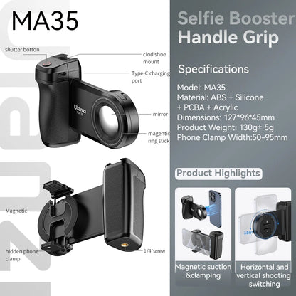 Magnetic phone camera grip MagSafe shooting hand grip on iPhone - product shot

Ergonomic DSLR-style phone grip used for vlogging in portrait mode

Bluetooth remote shutter with magnetic phone hand grip - product accessories

Phone camera grip attached to tripod - mobile photography setup