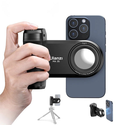 Magnetic phone camera grip MagSafe shooting hand grip on iPhone - product shot

Ergonomic DSLR-style phone grip used for vlogging in portrait mode

Bluetooth remote shutter with magnetic phone hand grip - product accessories

Phone camera grip attached to tripod - mobile photography setup