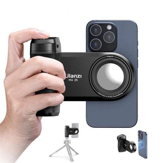Magnetic phone camera grip MagSafe shooting hand grip on iPhone - product shot

Ergonomic DSLR-style phone grip used for vlogging in portrait mode

Bluetooth remote shutter with magnetic phone hand grip - product accessories

Phone camera grip attached to tripod - mobile photography setup