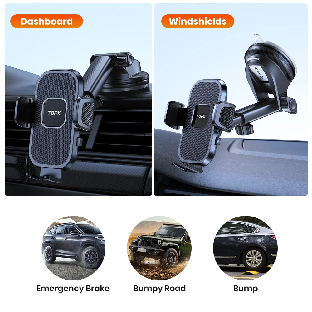 Car phone holder with dashboard and windshield attachments, featuring TopK brand.