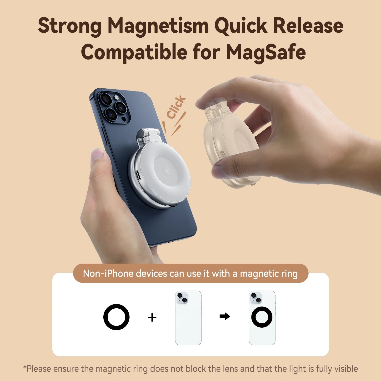 Magnetic phone camera grip MagSafe shooting hand grip on iPhone - product shot

Ergonomic DSLR-style phone grip used for vlogging in portrait mode

Bluetooth remote shutter with magnetic phone hand grip - product accessories

Phone camera grip attached to tripod - mobile photography setup