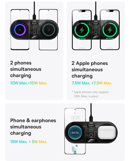 Charging station with multiple devices charging simultaneously on a white background