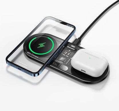 Wireless charging pad with smartphone and wireless earbuds on a white background