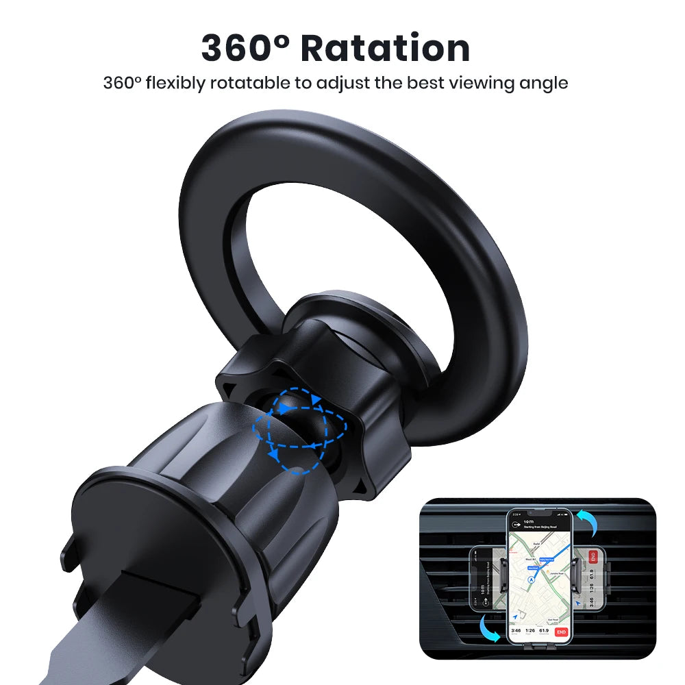 Black car phone holder with 360-degree rotation feature on a white background