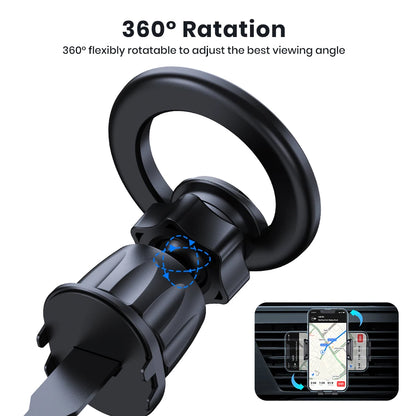 Black car phone holder with 360-degree rotation feature on a white background